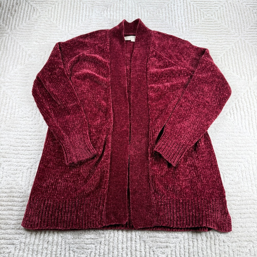 LOFT Chenille Cardigan Women S Burgundy Open Front Knit Sweater Lounge Cozy Soft